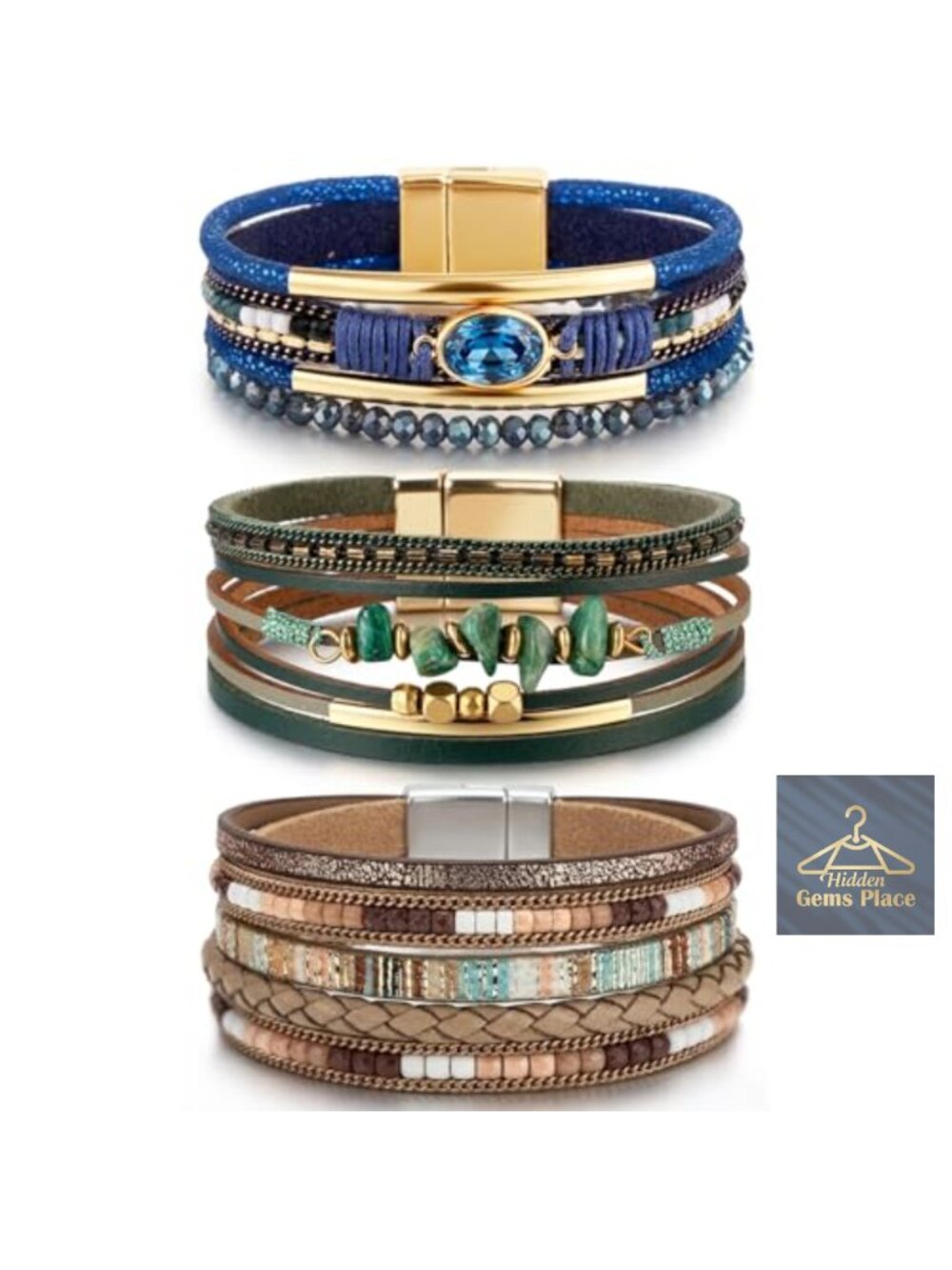 3 Pc Leather Wrap Bracelets Set Boho Layered Stone Beads